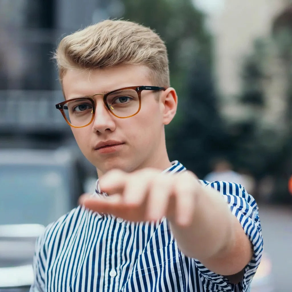 VoyueLens™ VL19214 brown acetate square glasses fashion styled in daily professional setting, emphasizing lightweight comfort.